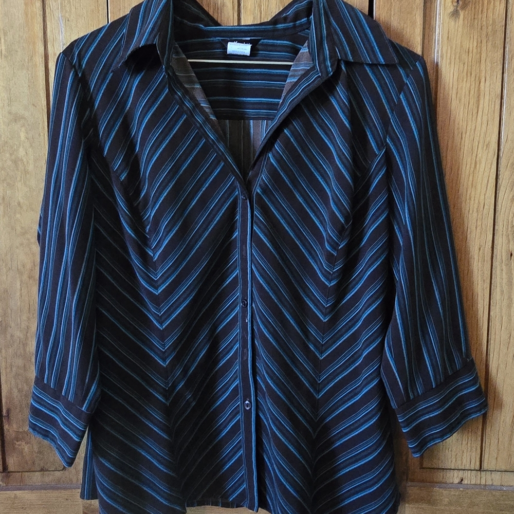 Woman's Maurices Brown W/ Blue Striped 3/4 sleeve Button Down Shirt/Blouse/Top-L